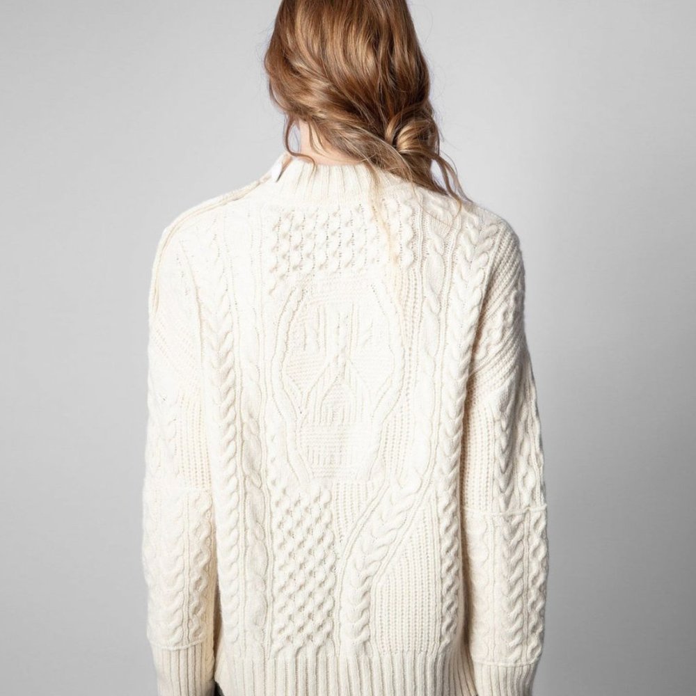Zadig & Voltaire Malta Button Shoulder Cable Knit Cashmere Sweater (Ecru, Medium - Picture 2 of 10